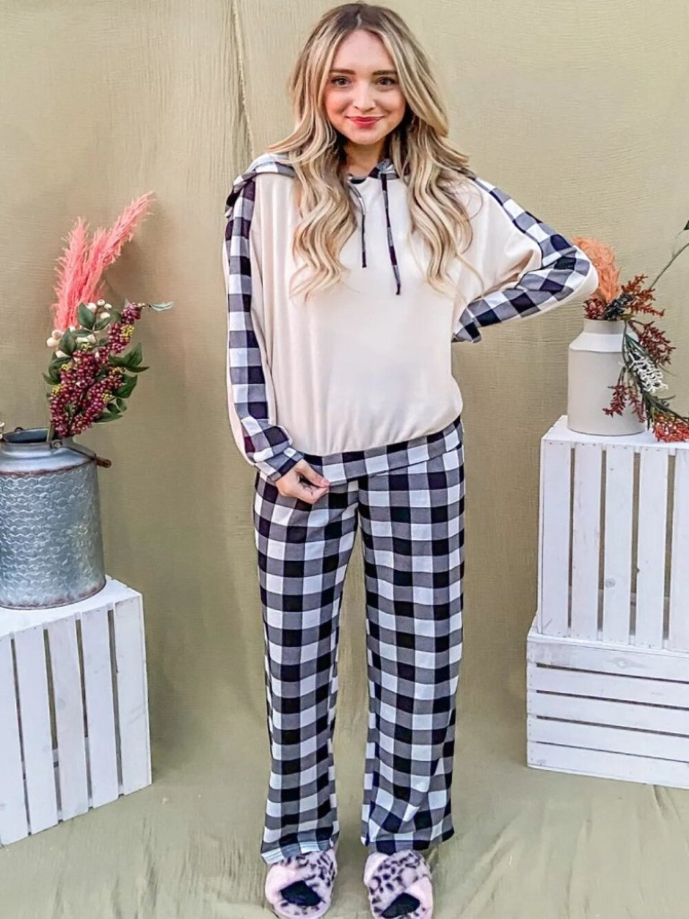 Cozy Plaid Lounge Set Hoodie Drawstring Top & Pants Size - Picture 2 of 8